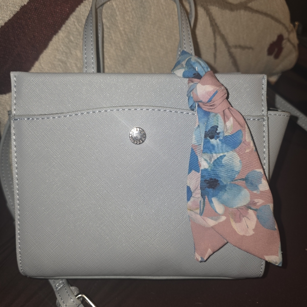Steve Madden Light Gray/ Pale Blue Structured Satchel with Floral Scarf Accent
